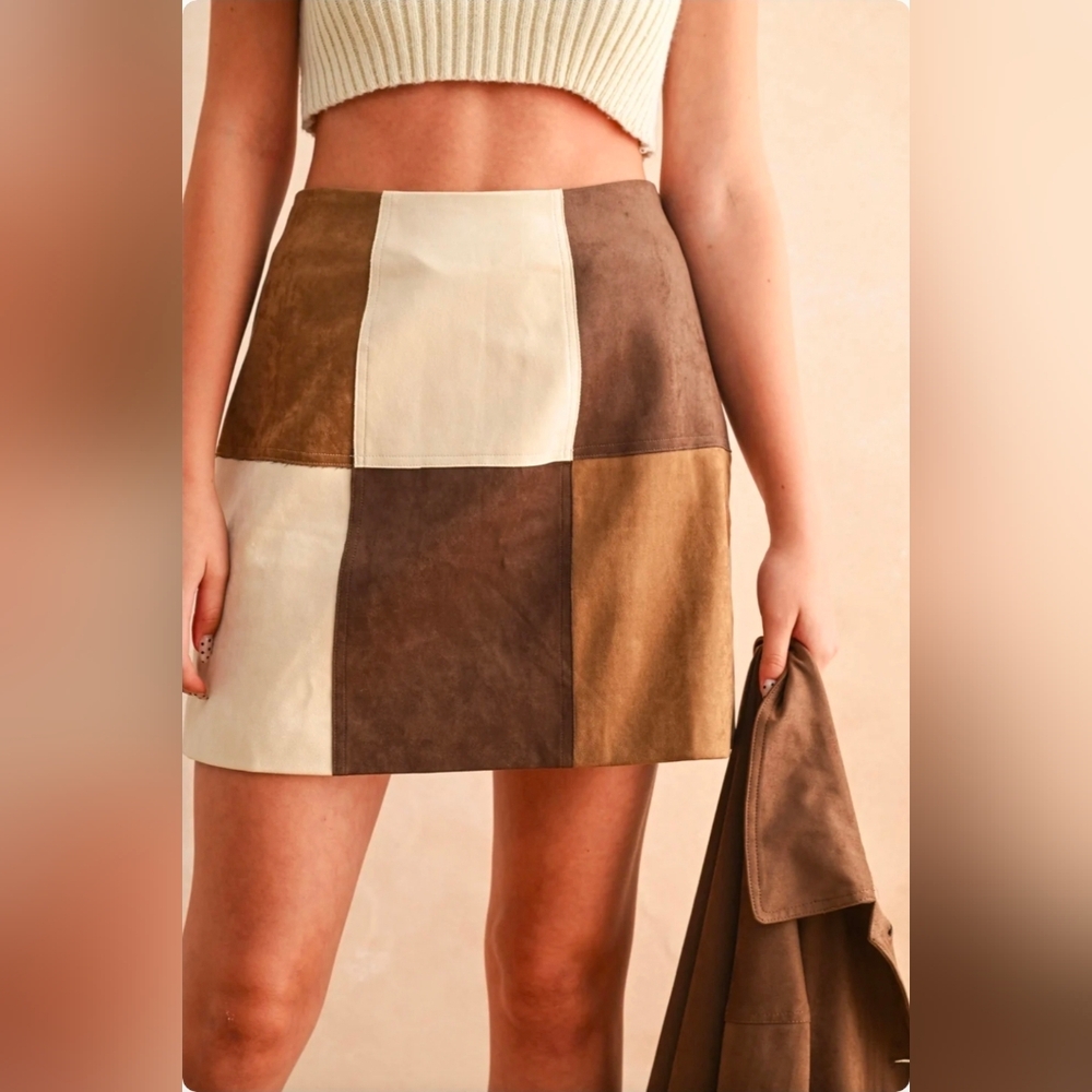 Miou Muse Large Patch Work Effect Suede Skirt - New With Tags